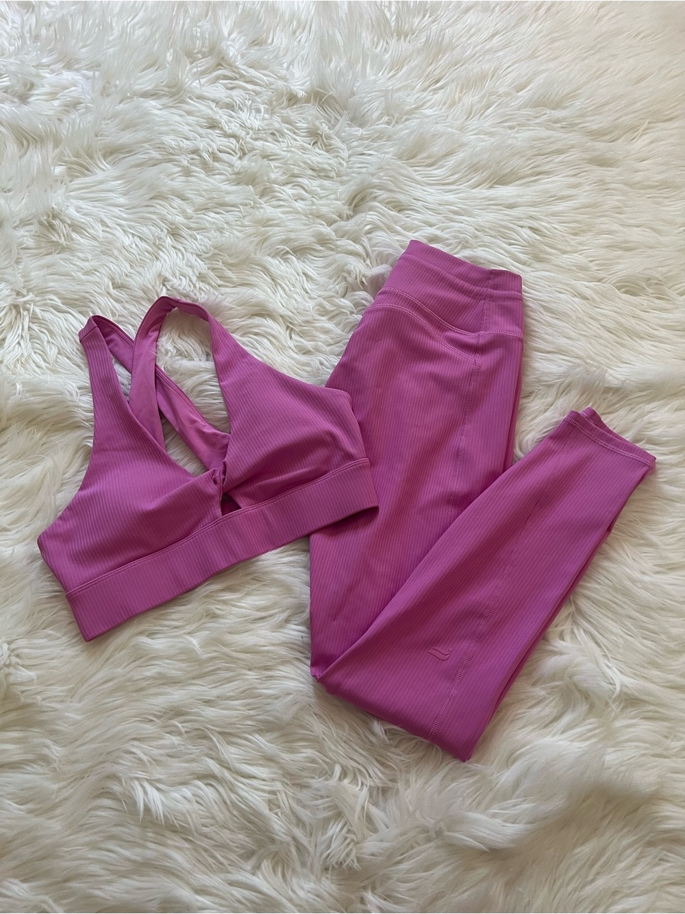 Fabletics Ribbed Pink Sports Bra and Leggings Set
